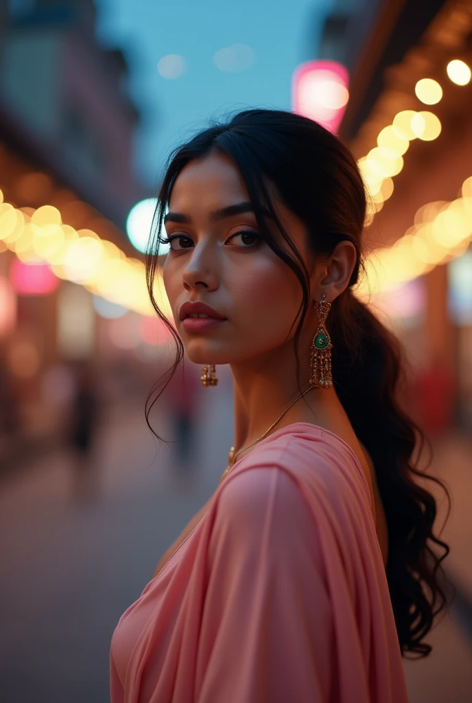 Beautiful Indian Girl, (Best Quality, 8k, 32K, perfect body, ultra detailed body) ciudad de evening, Streets of the city, blurred background, many lights, light pink clothes, SERIOUS LOOK, ponytail in hair, evening, starry sky, Real photo, canon camera focus, accessories on her face of indian girl 