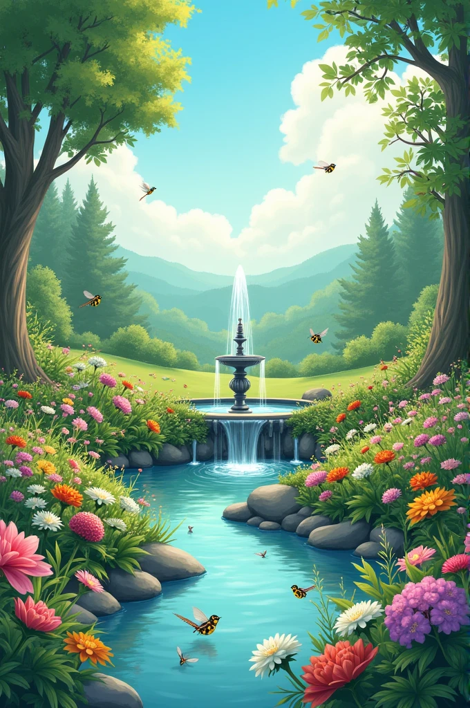 Illustrate the sounds of the garden: the murmur of the fountain, the buzz of bees, and the chirping of birds.
Discuss how these sensory elements contribute to the overall peaceful ambiance.
