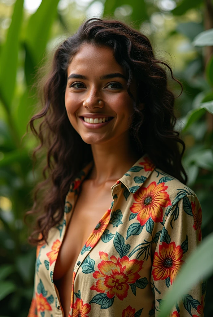 A Brazilian woman in a lush tropical garden, wearing an open shirt with a floral print, with a close-up capturing the harmonious beauty between her breasts and the natural flowers, showing off your natural charm and outgoing personality.