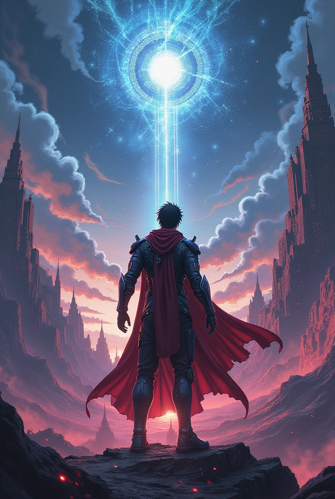 Make a cover for the novel Humans fight against demons, but it turns out they were pitted against each other by the sky race with the main character named Arka (laki laki) a general from a human race with advanced technology. art anime style