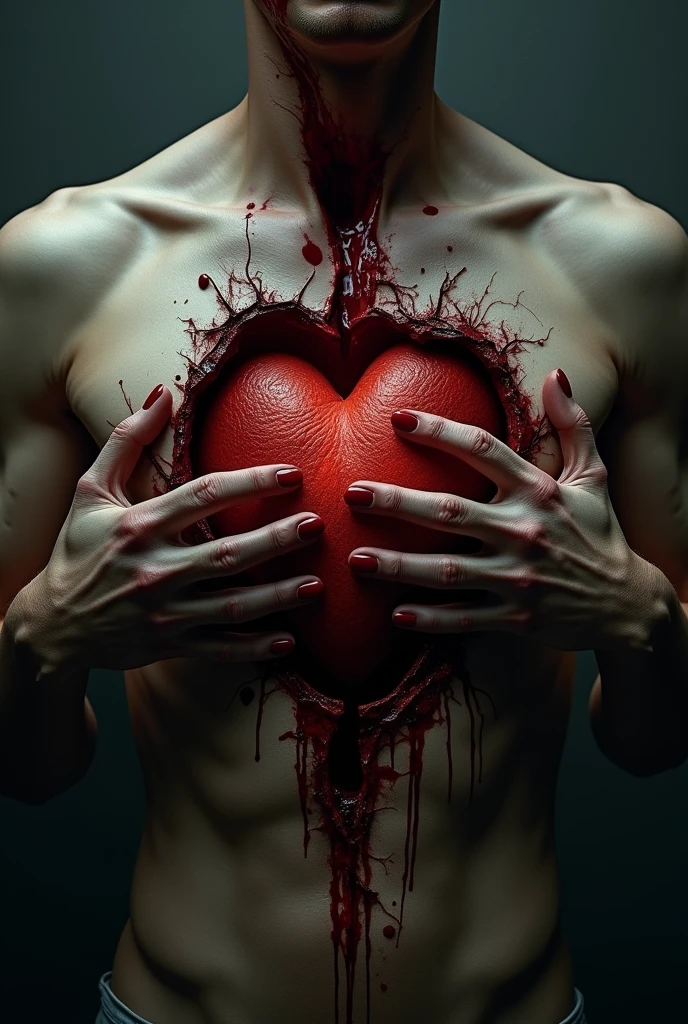 Ripped chest with hands to see a bloody heart with a dark background