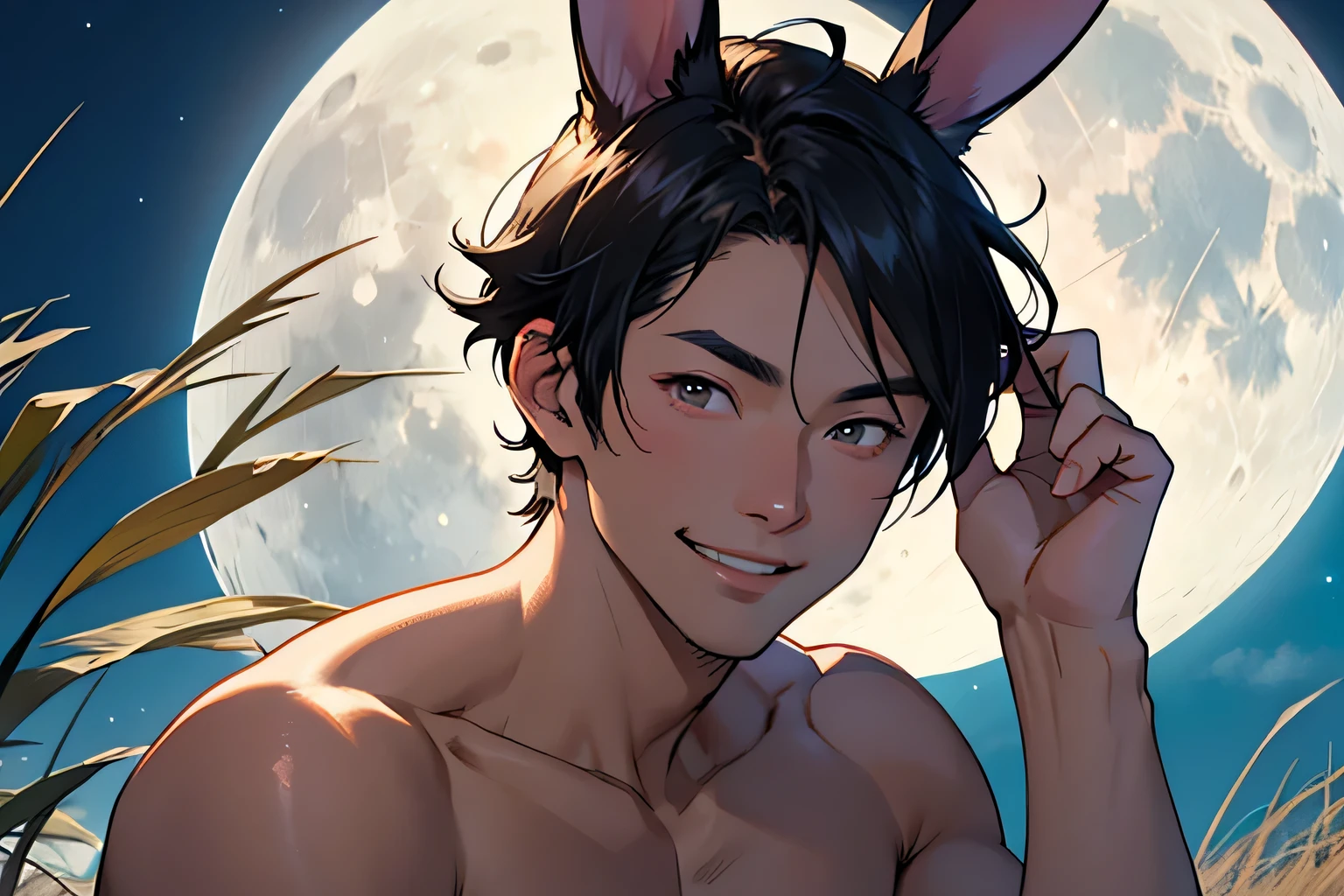 Japanese Handsome model male smile Black Hair Short cut Short hair looking at the camera Completely naked Bunny ears Mega Bulge looking at the camera future world planets on the background Topless close-up Bunny ears full moon Japanese silver grass Topless close-up Bunny ears