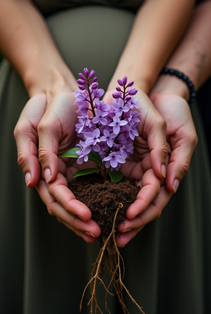 Image of a couple's hands holding a lilac flower from the ground with its roots in the belly of a pregnant woman