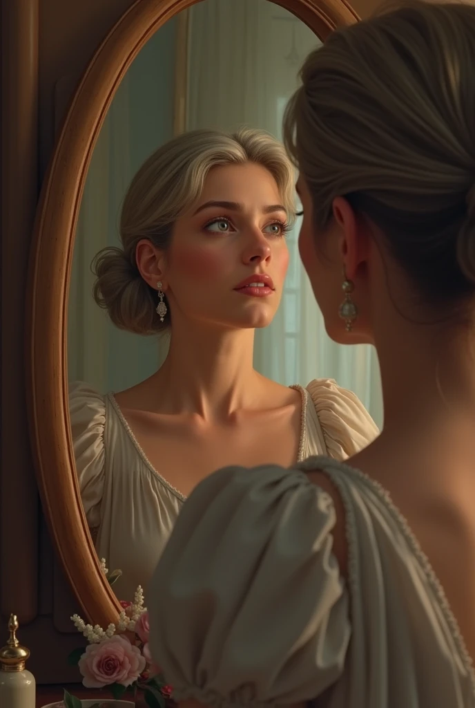 A lady looking at her teenage self in mirror 