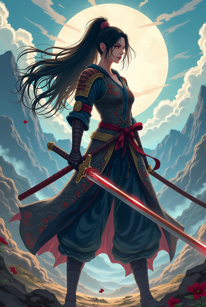 Make a picture of a samurai woman in the style of Naruto Shippuden 