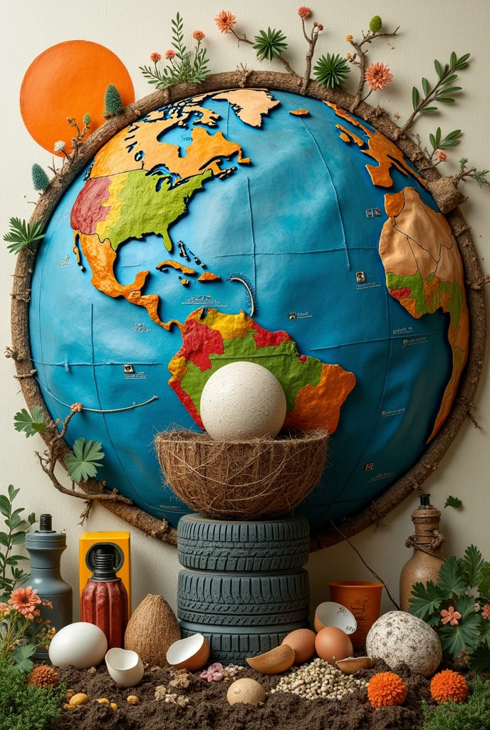 Collage of Recyclable Materials: The cover could be an artistic collage that uses images of different types of waste (oil, eggshell, fabrics, Fluorescent Lamps, Tires, coconut shell) forming a symbolic figure, como um globo terrestre, to represent the importance of recycling and global sustainability.
