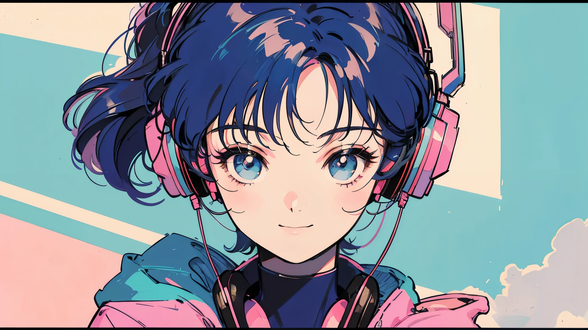 80's, Retro, City Pop, masterpiece, Highest quality, Novel, anime, Neon Art, Close-up, One girl, Smiling Headphones,Background of the riverbed
