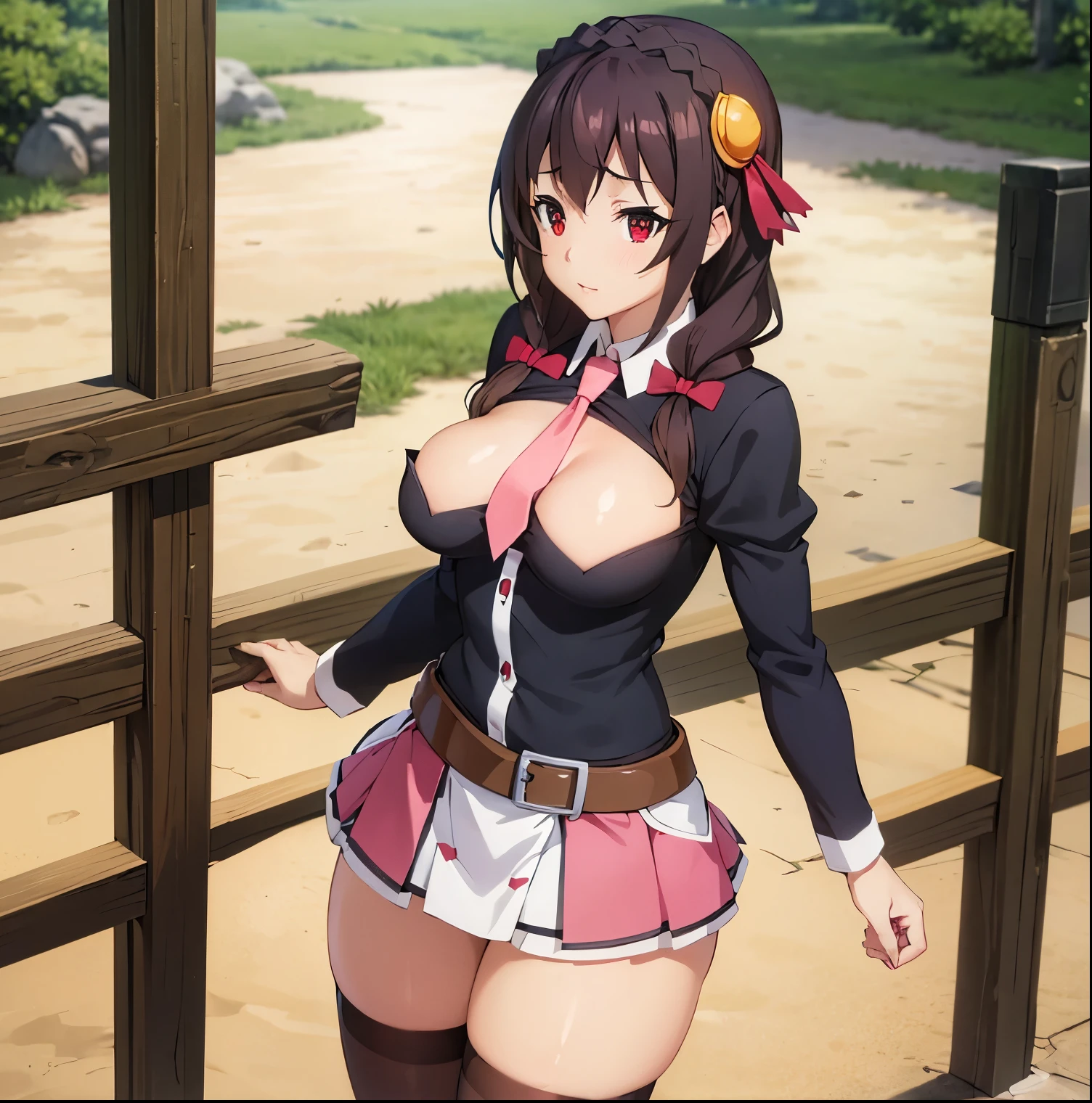 masterpiece, best quality, high resolution, yunyun1, 1 girl, red eyes, solo, thigh high, tie, skirt, braid, long hair, pink tie, big breasts, mid waist, wide hips, wide thighs, belt, accessory decorations hair, black hair, hair bow, braided crown, long sleeves, brown hair, two pigtails, cowboy shot,, looking forward,((focus on breasts:1.4)),point of view (from above)