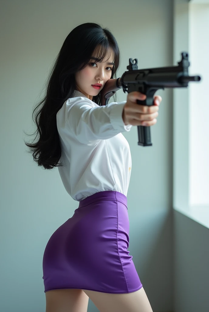 camera back view facing real person eyes open realistic beautiful korean office lady white shirt tight mini skirt satin violet stance legs open spreading arms straighten full portrait holding rifle gun back view facing sexy legs waist level aiming target point at you