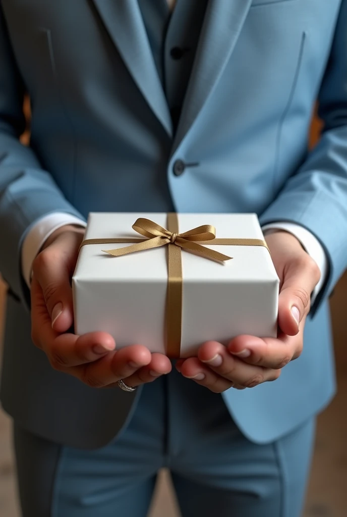 Create a realise image of wrapped box PS5, it should be on a hand on groom's. And there must be a ring on the ring finger of the groom. I dont want bride on the image. Groom should wear light blue suit