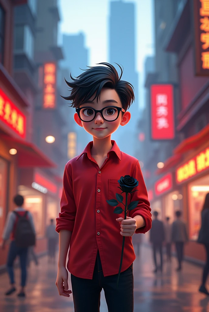 A cute boy stand in Shanghai street wearing casual red shirt and black pant ,black glasses and holding black rose in hand 