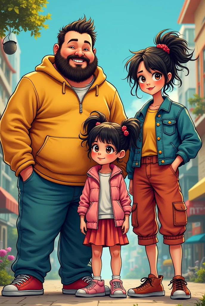 Family of four: a chubby father with a beard, a skinny mother with matted hair, a girl and a girl, manga with stylish clothes