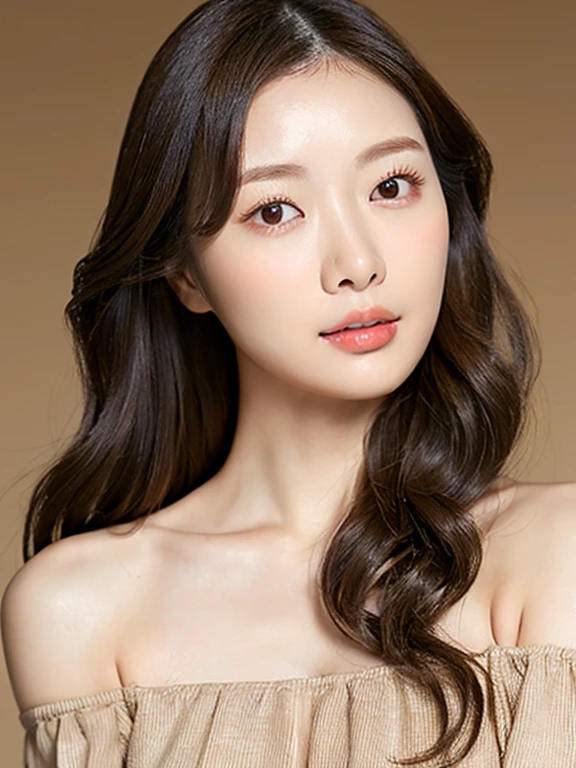 full waist up pose of 2 korean asian girl, RAW, beautiful woman, realistic:1.3 ,semi-open strawberry lip, dimples, wistful expression, perfect sexy figure , (brown hair with extra long wavy), ((detailed skin texture ), ((detailed facial features)), (fine detailed skin), pale skin, (off-the-shoulder crop top dress)