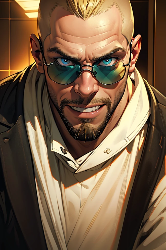 1 man, buff, dirty blonde shaved upper cut hair, sunglasses, creepy staring crazy eyes, bald, unkempt beard, big grin, bathroom selfie, photorealistic, hyperdetailed, 8k, high quality, digital art, cinematic lighting, dramatic contrast, vivid colors