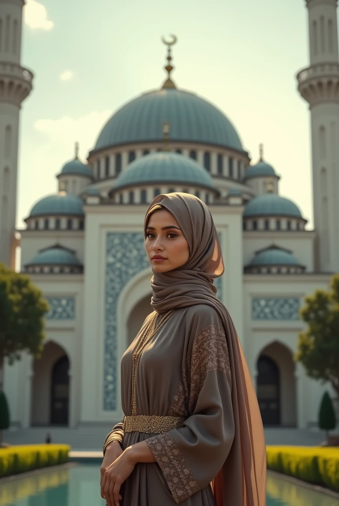 A beautiful Muslim women in front of big mosque 