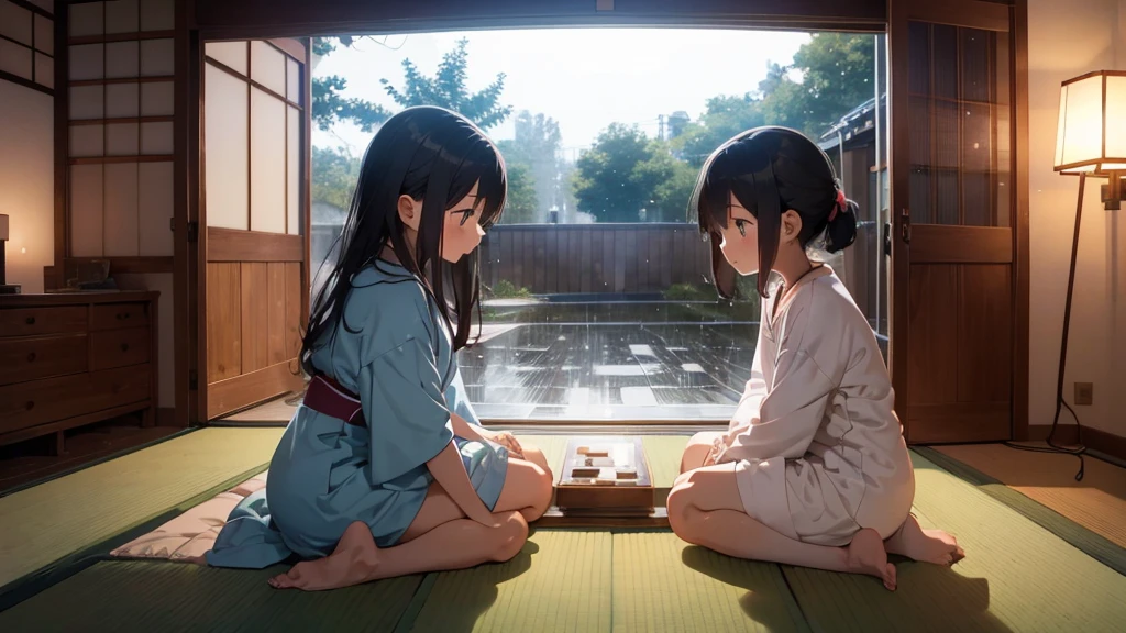 In a cozy Japanese room, anime-style, a boy and girl are sitting on the floor, listening to music. Outside the large window, it’s raining gently, but inside, everything is warm and illuminated by soft lamp light. Make sure the rain is only outside, while the interior remains calm and peaceful. Use soft pastel colors and a minimalist aesthetic