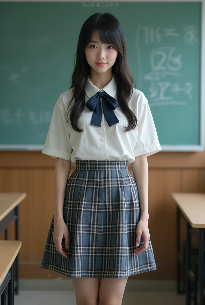 Beautiful ((White american)) girl, 15 yo, (white skin), in american school uniform, realistic photo, large breasts , standing and looking, american classroom, detailed hands and face and eyes, full body, full body shot, 16k UHD