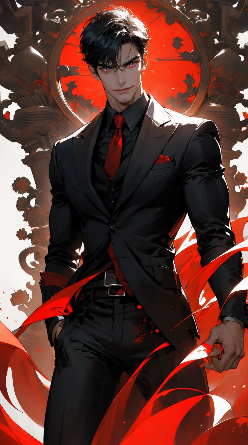 (absurdres, highres, ultra detailed), 1 very handsome man, short black hair with bangs, seductive red eyes, tall, muscular, square jaw, broad shoulders, black suit, finely detailed eyes and detailed face, extremely detailed CG unity 8k wallpaper, intricate details, detailed background, {(bright garden background with bright blue sky with sunlight)}, (imposing standing posture, smirking and sinister expression)