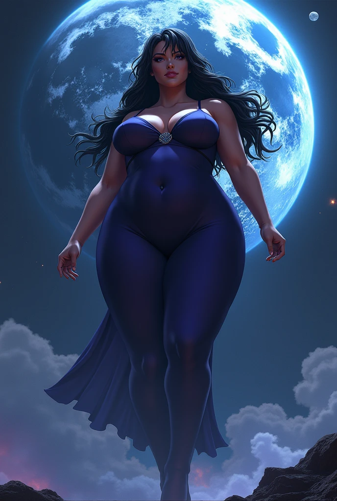 Yourichi from bleach as raven from teen titans as a giantess with very huge chest and a hot dress body bigger than earth 