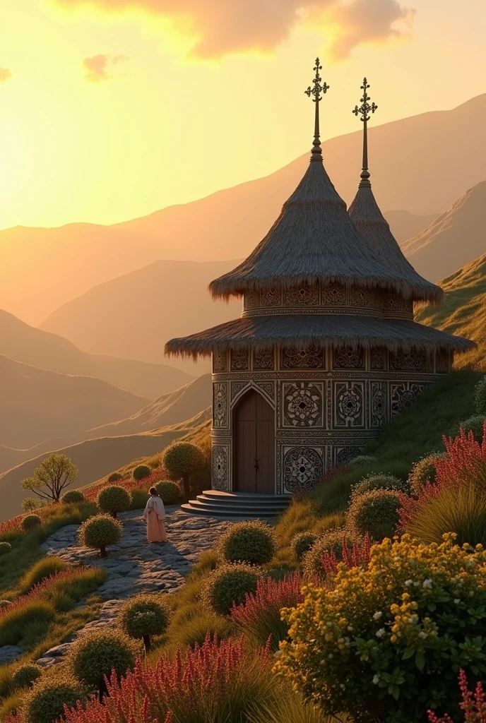 Create an image depicting an intricately detailed Ethiopian Orthodox Church. The architecture is traditional, with its unique dome, and dense geometric patterns adorning its exterior. Thatched roofs speak of the region's authenticity. Tall, slender crosses reach towards the sky from the peak of the dome. Surrounding the church is a beautiful landscape composed of the highlands with rolling green hills, vibrant shrubs, and wildflowers swaying in the gentle breeze. The sun is setting, casting a warm, golden hue onto the scene, creating dramatic and enchanting shadows.
