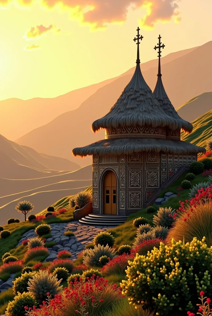 Create an image depicting an intricately detailed Ethiopian Orthodox Church. The architecture is traditional, with its unique dome, and dense geometric patterns adorning its exterior. Thatched roofs speak of the region's authenticity. Tall, slender crosses reach towards the sky from the peak of the dome. Surrounding the church is a beautiful landscape composed of the highlands with rolling green hills, vibrant shrubs, and wildflowers swaying in the gentle breeze. The sun is setting, casting a warm, golden hue onto the scene, creating dramatic and enchanting shadows.