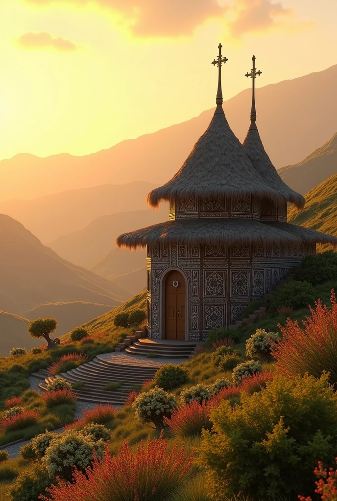 Create an image depicting an intricately detailed Ethiopian Orthodox Church. The architecture is traditional, with its unique dome, and dense geometric patterns adorning its exterior. Thatched roofs speak of the region's authenticity. Tall, slender crosses reach towards the sky from the peak of the dome. Surrounding the church is a beautiful landscape composed of the highlands with rolling green hills, vibrant shrubs, and wildflowers swaying in the gentle breeze. The sun is setting, casting a warm, golden hue onto the scene, creating dramatic and enchanting shadows.