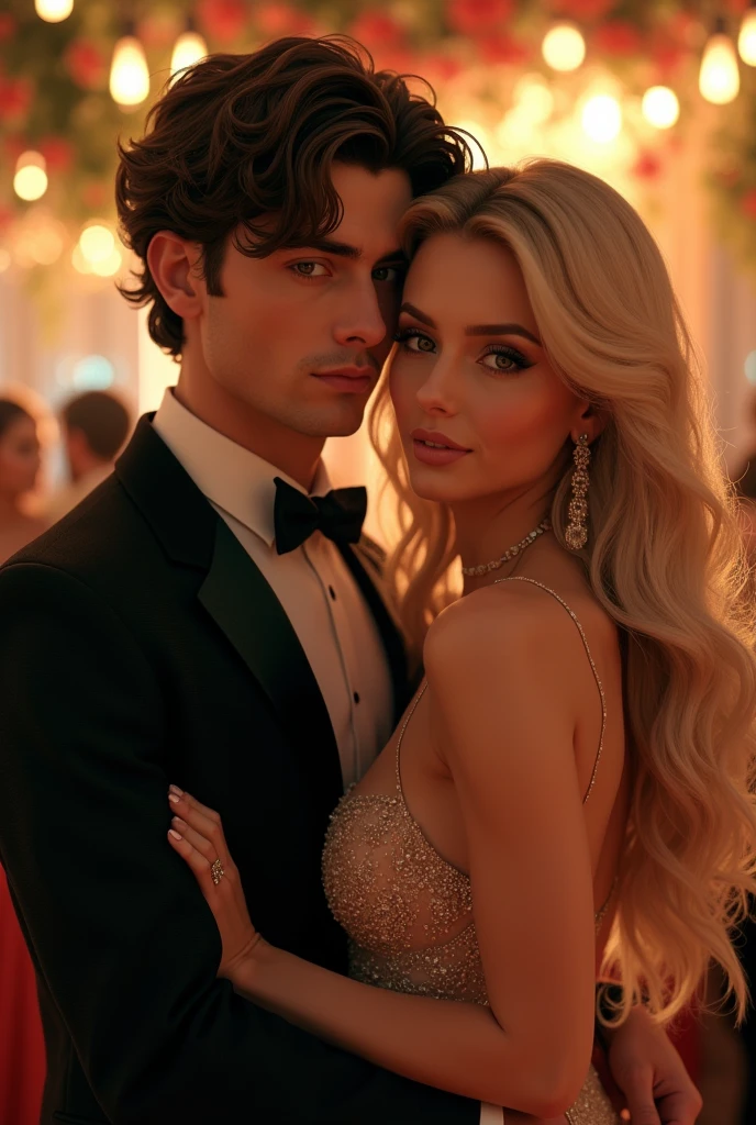 (Photorealism:1.2), man in a suit dark brown hair brown eyes hugging a woman blonde green eyes long hair wearing a very pretty dress at a party 8k ultrarealistic photorealistic super detailed the best possible