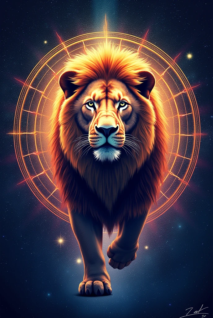 Lion animal ripo mandala with thin colored lines