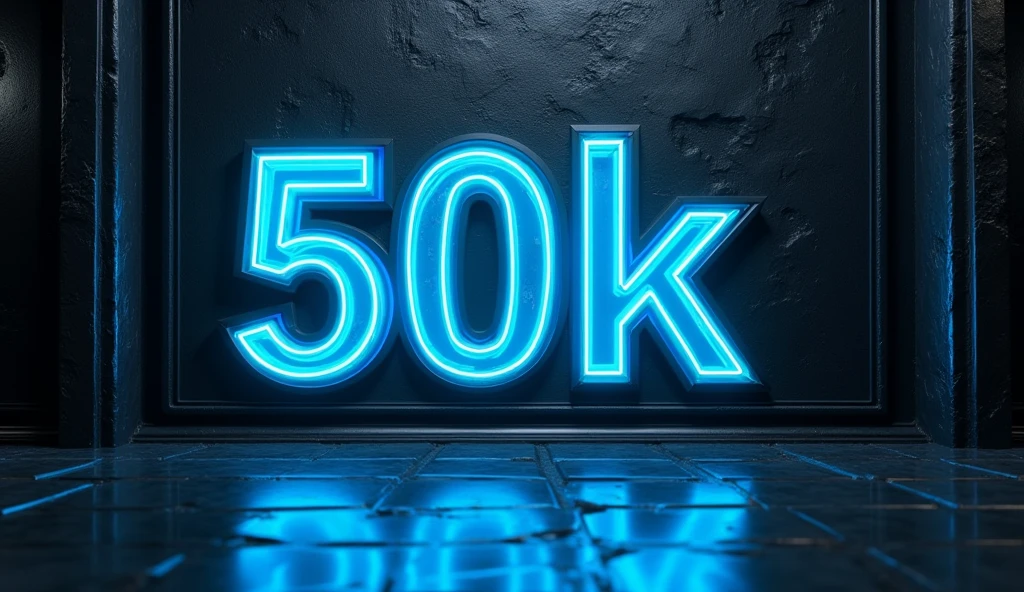 Background black texture, metal, dark blue light neon saying "50K"