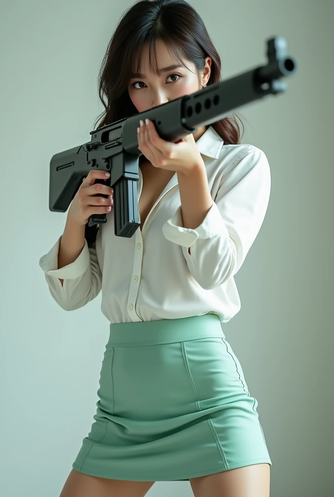 camera back view facing real person eyes open realistic beautiful korean office lady white shirt tight mini skirt satin mint stance legs open spreading arms straighten full portrait holding rifle gun back view facing sexy legs waist level aiming target point at you