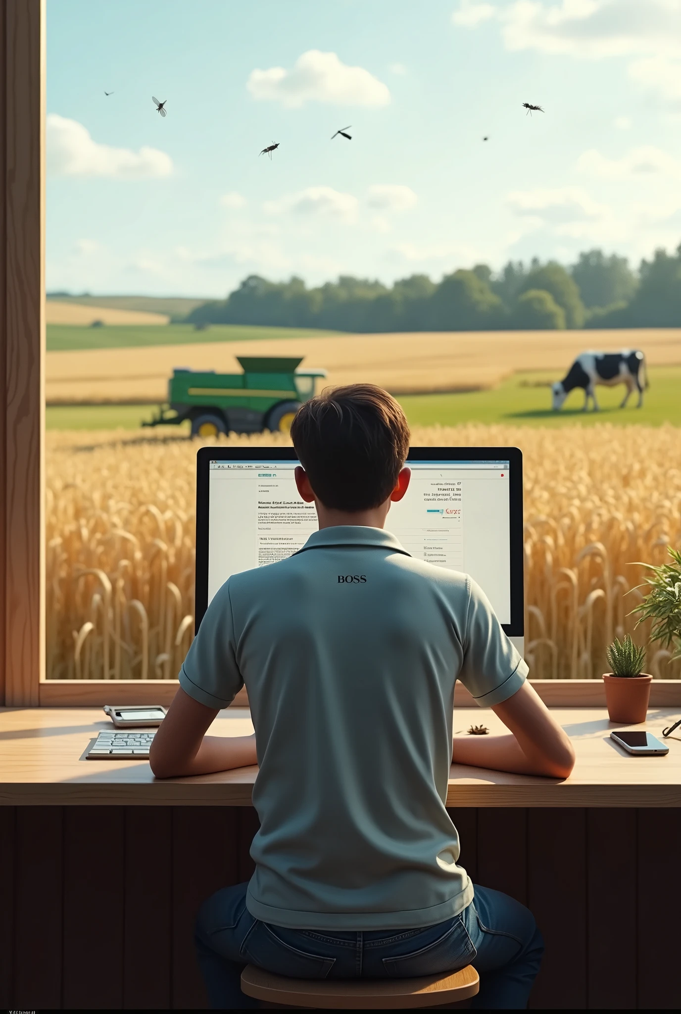 (photorealism:1.2), young person with your back in the foreground, Hugo boss polo shirt, jeans, sitting on a chair on a table and looks out the window, writing on the apple computer, texting about farming, in the background a grain field with a combine harvester and a tractor without a brand, and a cow on the meadow, flying insects