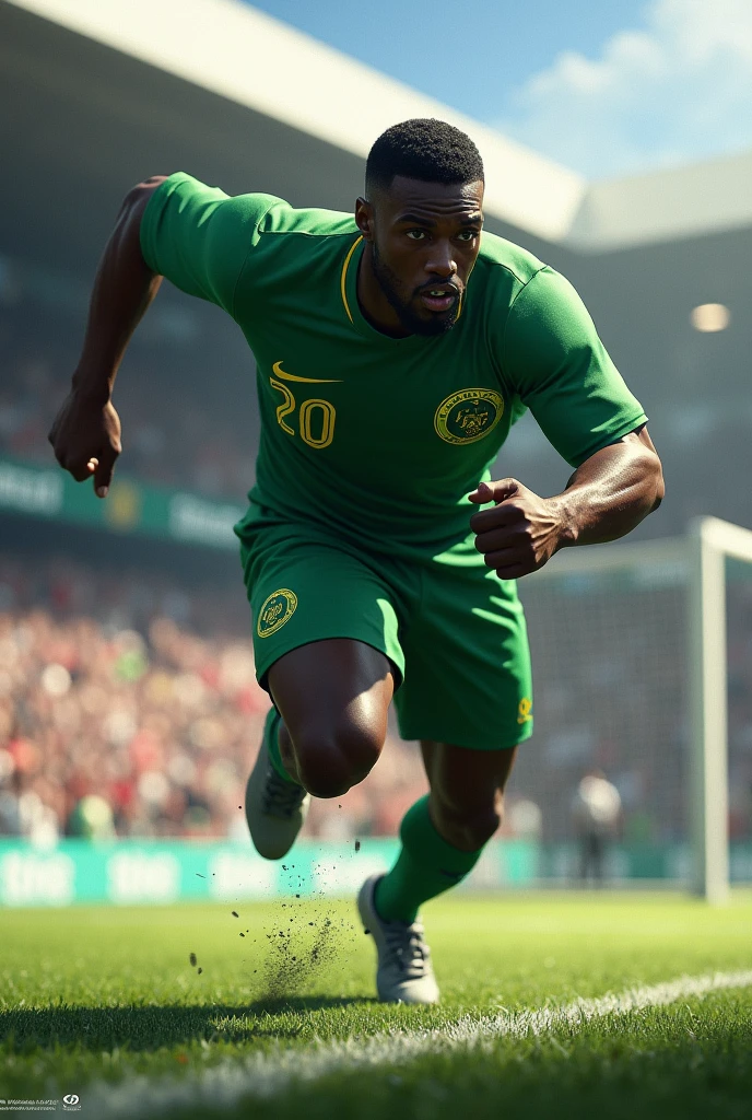 Football player, man, smooth fur, short black color, wearing a green jersey with the number 20 on the front on the left chest . The player attacking the goal in front of him. At the bottom, There is a crowd