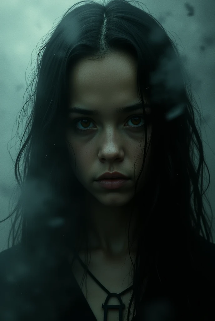 Depressed girl、Long black hair、Small Nose、Skinny body、Glowing white eyes、Thin lips、Inpatients、Upper Body、Close-up、Real、Floating in the air and stationary。forest、Thick Fog