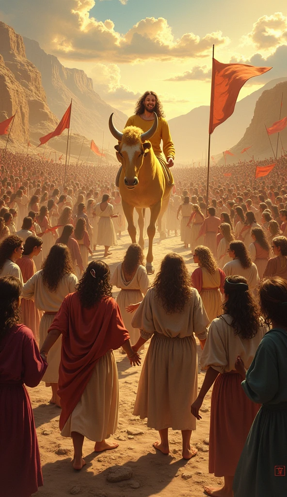 The Worship of the Golden Calf Illustrate the scene where a multitude of Israelites dance and celebrate around the golden calf. Include flags, tambourines and other improvised musical instruments. The expression of joy and euphoria must contrast with the austerity of the desert in the background..