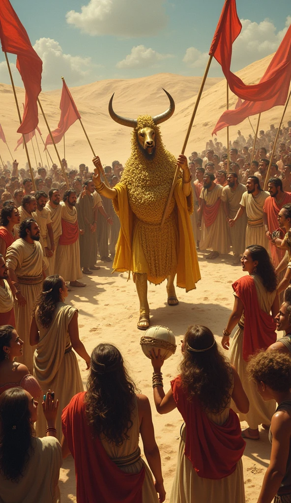 The Worship of the Golden Calf Illustrate the scene where a multitude of Israelites dance and celebrate around the golden calf. Include flags, tambourines and other improvised musical instruments. The expression of joy and euphoria must contrast with the austerity of the desert in the background..