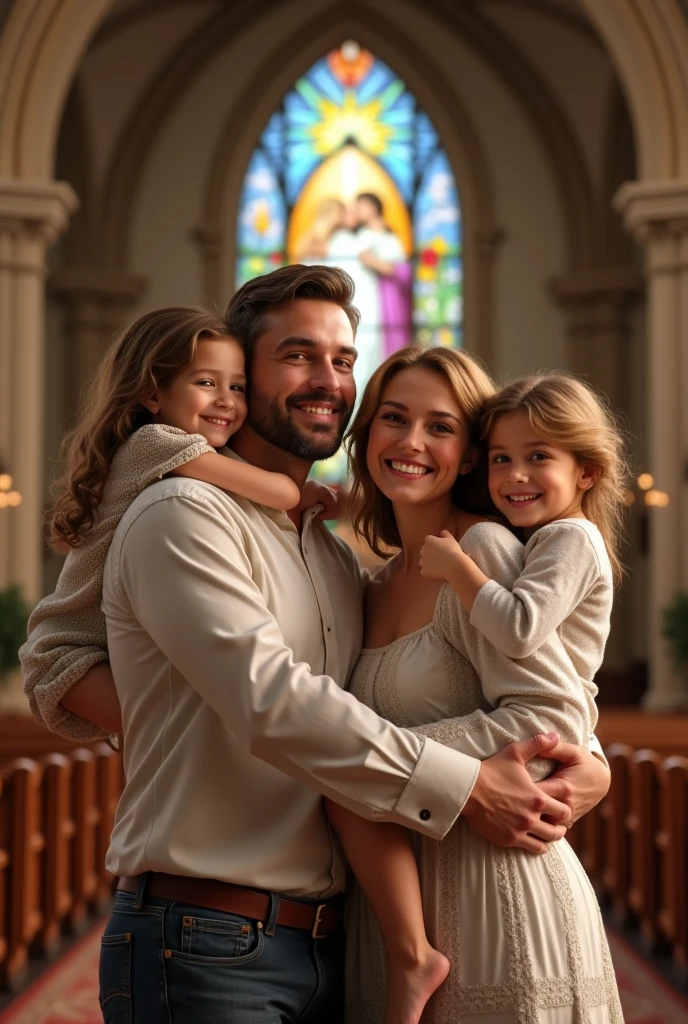 Happy couple with their children in the Christian church