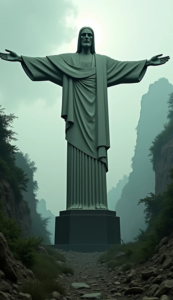 Make the image of Christ the Redeemer, surrounded by ruins dystopian scenery. best qualityer, high resolution