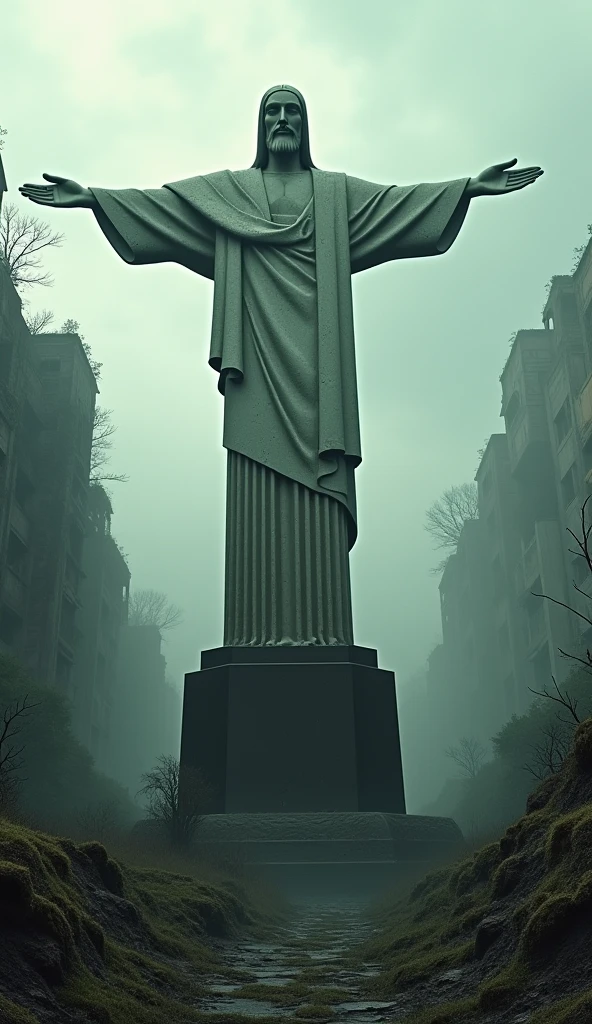 Make the image of Christ the Redeemer, surrounded by ruins dystopian scenery. best qualityer, high resolution