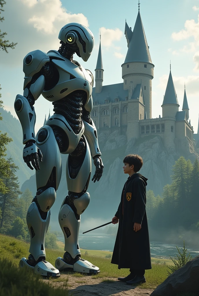 Robot and Harry Potter together standing opposite to Hogwarts school 