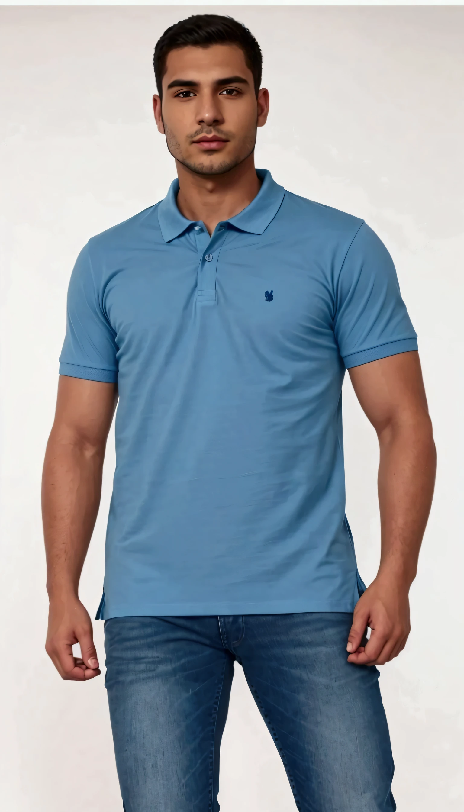 a man in a blue shirt and jeans posing for a picture, wearing a dark blue polo shirt, wearing polo shirt, in a dark teal polo shirt, wearing a light blue shirt, medium blue, blue clothing, blue shirt, sky blue, collared shirt, modern casual clothing, short sleeves, plain uniform sky, aqua, light-blue, blue, blue tight tshirt