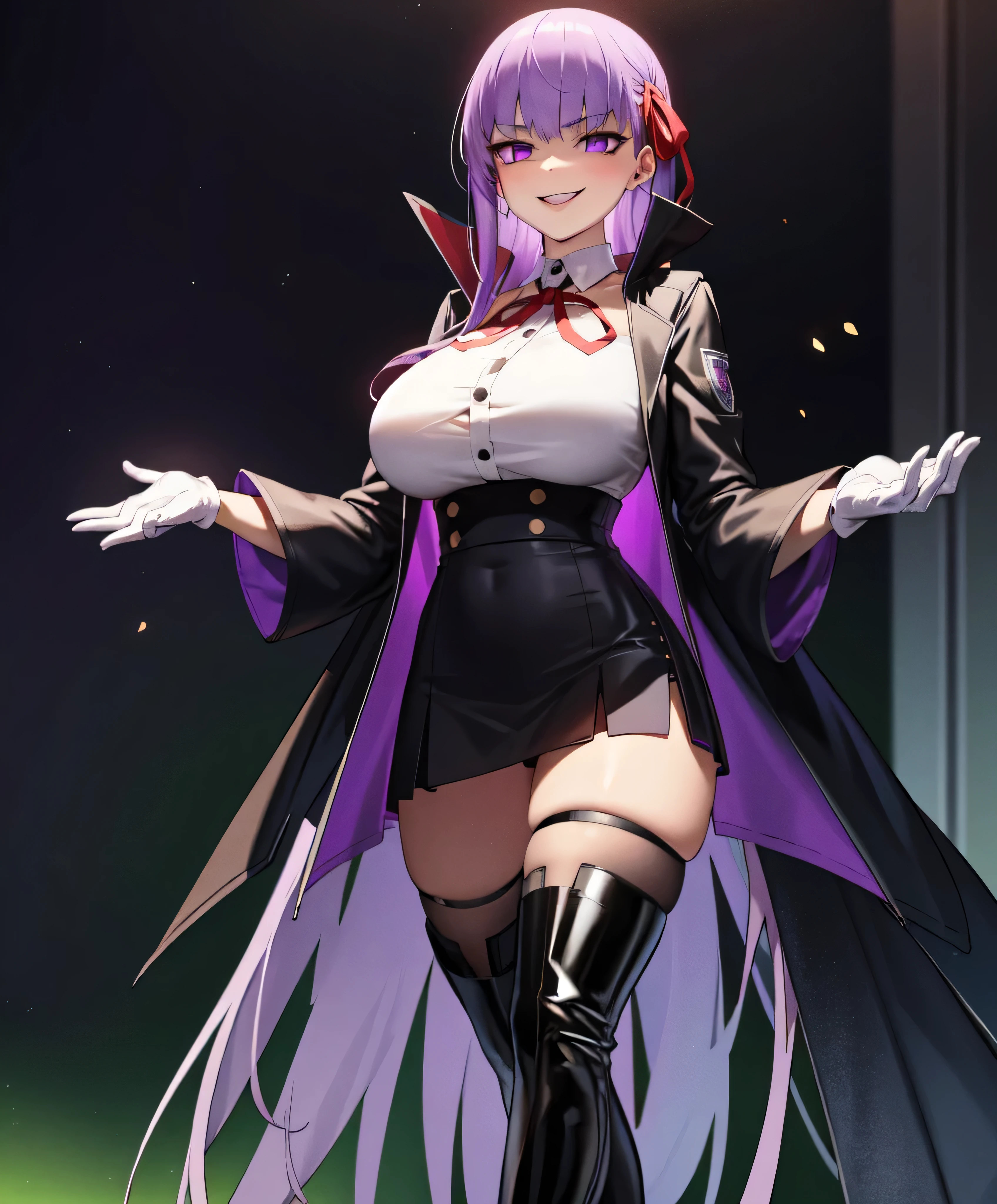  Isoscale, Mid Shot,  night, ,,, Purple Hair, Black jacket, White shirt, Black Skirt, Red ribbon, Big Breasts, Purple eyes, White gloves, Long Hair, Large collar, Wicked Smile,,Thigh-high boots,(Wicked Smile:1.3),Highly detailed CG Unity 8k wallpaper, Perfect lighting,,Looking down at the viewer,,Anxious smile,Black and purple world background,Dark shadowed face(Eyes in the shadows),solo,Yandere,latex,masterpiece, Highest quality, High resolution, One person,View your viewers,look down,Release black darkness from your hands,Embodiment of evil,two hands,Two legs,five fingers,