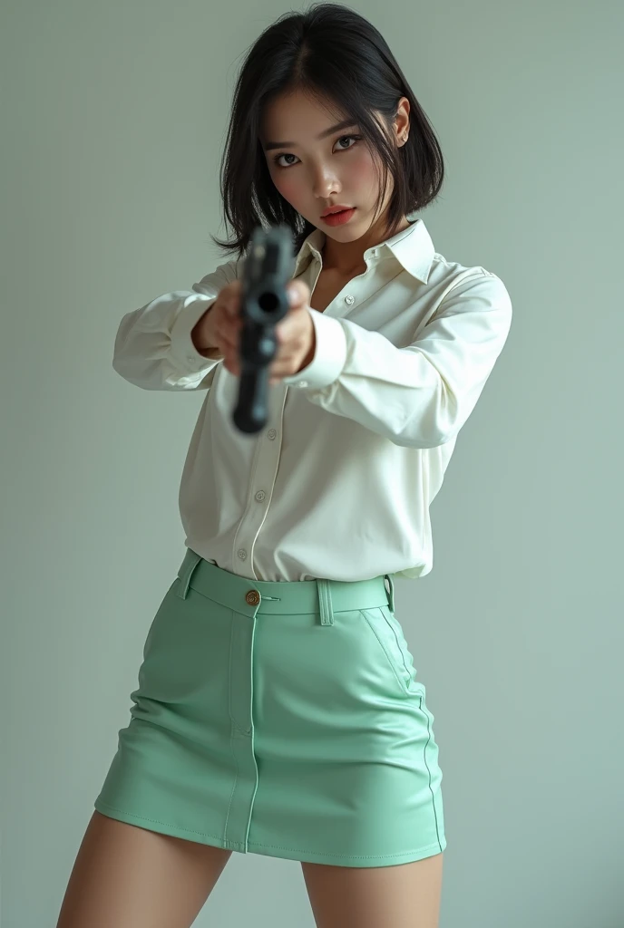 camera back view facing real person eyes open realistic beautiful korean office lady white shirt tight mini skirt satin mint stance legs open spreading arms straighten full portrait holding rifle gun back view facing sexy legs waist level aiming target point at you