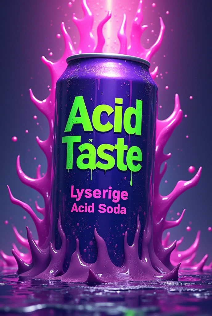 Psychedelic art melting from a purple energy drink can that says Acid Taste, written in green and underneath written in small letters Lysergic Acid Soda written in pink