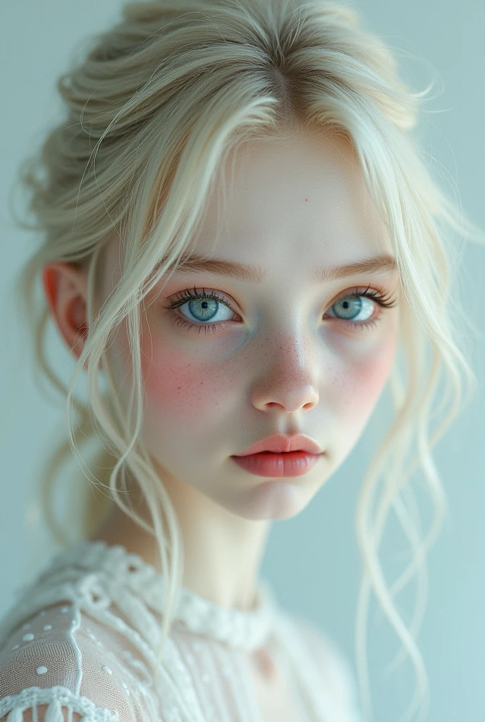 A girl with very pale skin, ice-colored eyes and very light blonde hair as thin as raspberries.