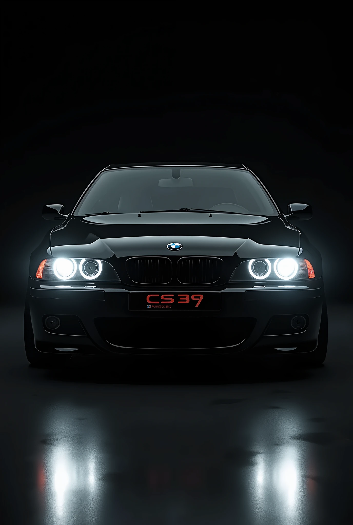 make a portrait with a bmw m5 e39 black color registration numbers CS 39 RUN the background should be full black and only the headlights can be seen