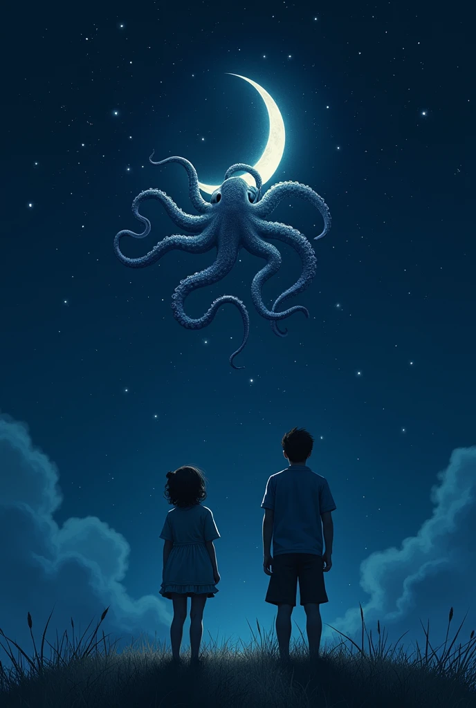 Two people look up at the sky at night and see a visible octopus next to the crescent