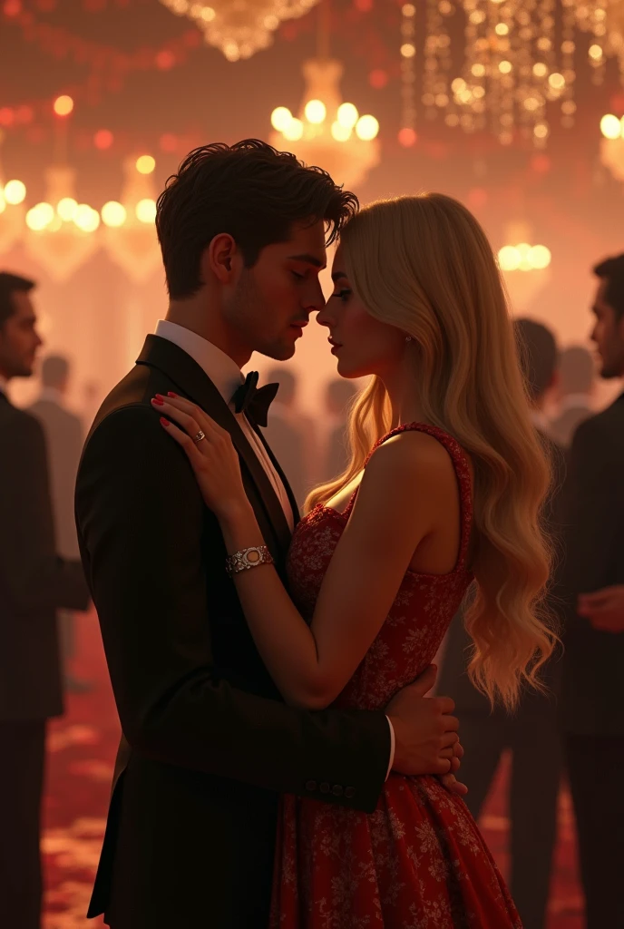 (Photorealism:1.2), man in a suit dark brown hair brown eyes hugging a woman blonde green eyes long hair wearing a dress at an elegant party 8k ultrarealistic photorealistic super detailed the best possible