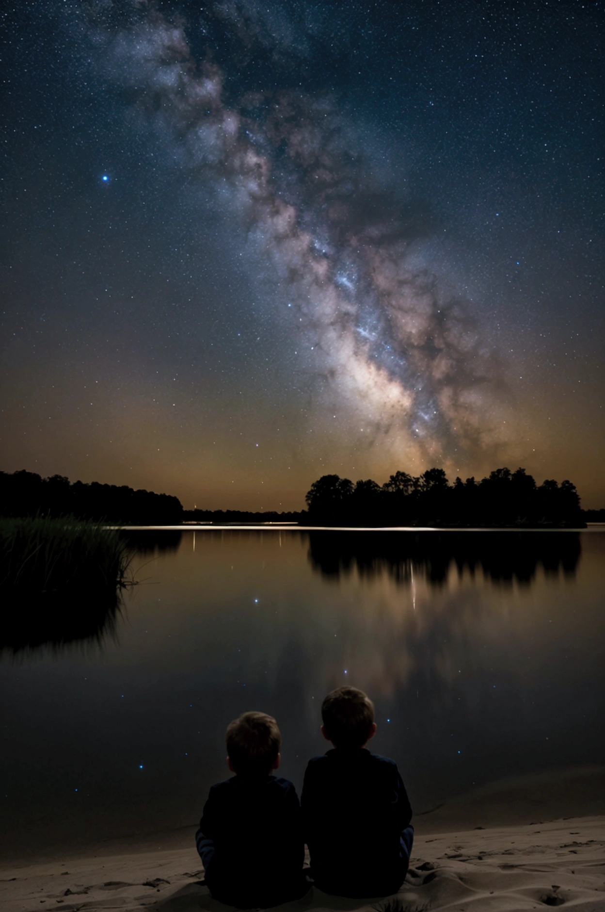 Prompt:
Create a serene nighttime scene on the Mecklenburgische Seenplatte, with two brothers sitting quietly on a sandy shore, surrounded by calm waters. In the distance, two more boys are visible but not the focus of the scene. The sky is dark, yet illuminated by the soft, ethereal glow of the Milky Way, which appears as a white, star-filled stream stretching across the heavens. Billions of stars sparkle gently in the distance, casting a mild and soft light over the landscape. The mood is peaceful and reflective, capturing the profound connection between the brothers as they gaze at the vast universe above them. The scene should evoke a sense of wonder, nostalgia, and tranquility.
Negative Prompt:
Avoid multiple people in the scene other than the two brothers and the two distant boys, text overlays, multiple images in one, artificial lighting, overly bright or daytime scenes, exaggerated colors, and any elements that distract from the peaceful, dark, and star-filled night setting. The overall atmosphere should remain dark, with the only light source being the natural glow of the Milky Way and the stars.