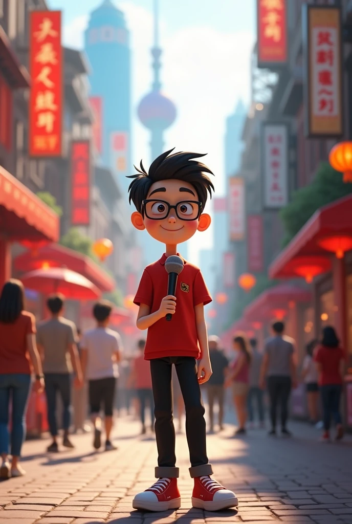 A cute boy stand in Shanghai street wearing casual red shirt and black pant ,black glasses and holding mick in front of crowd