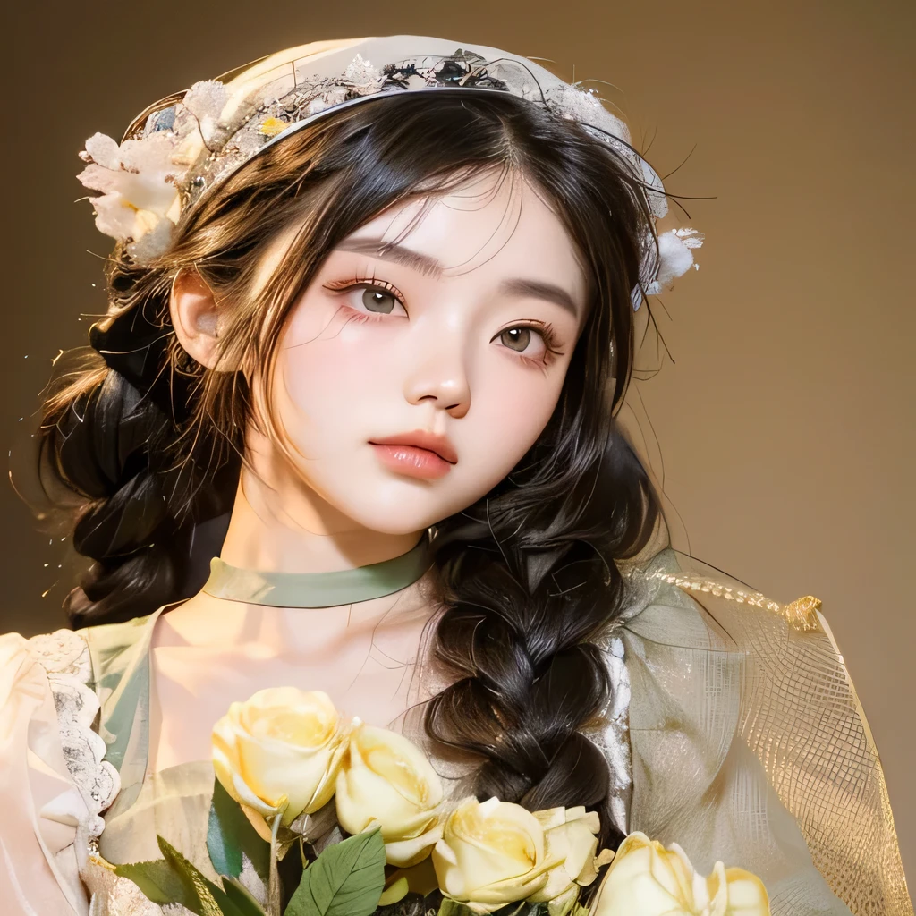 there is a woman with a flower in her hand and a hat on, ulzzang, pigtails hairstyle, two pigtails hairstyle, sakimichan, xintong chen, young adorable korean face, high quality portrait, guweiz, lovely delicate face, young cute wan asian face, inspired by Huang Ji, yanjun chengt, light green tone beautiful face